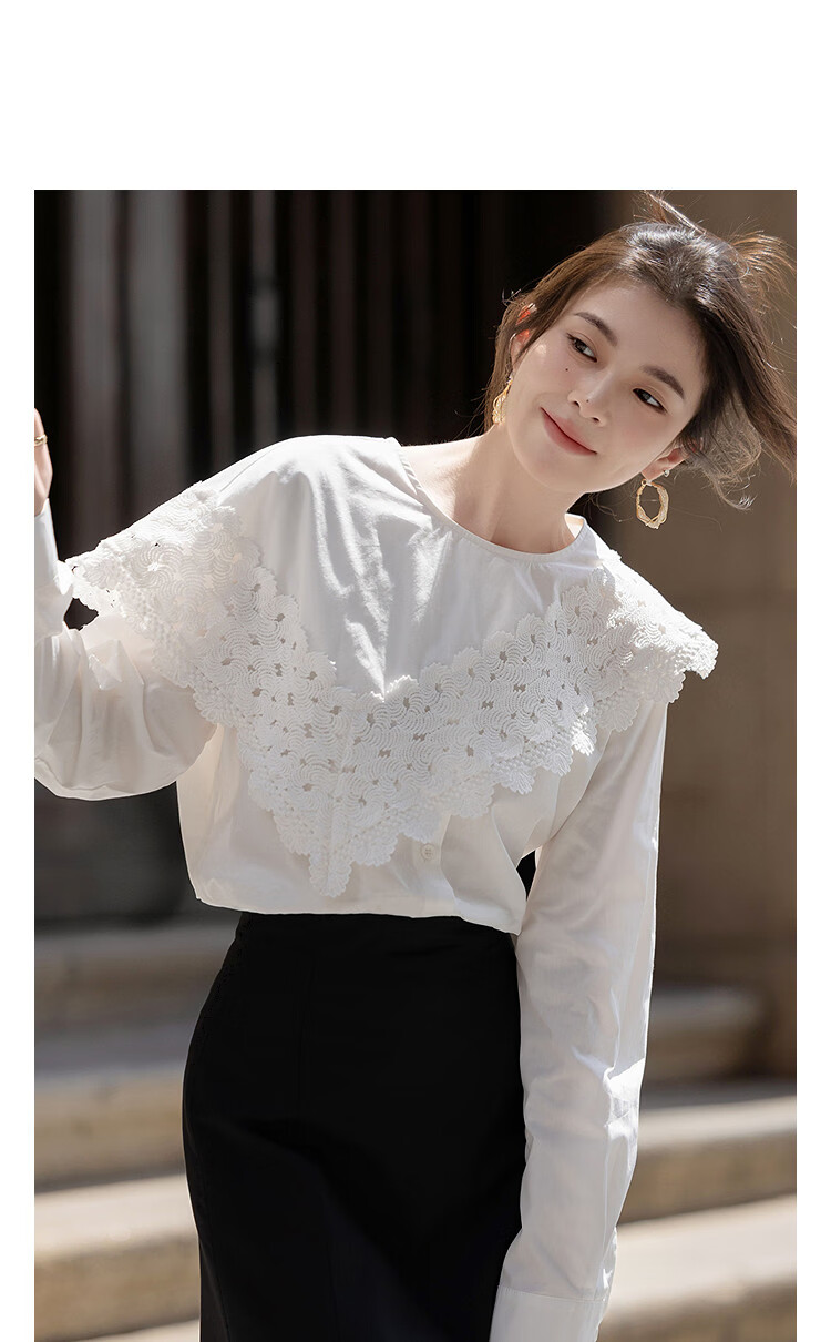 Demana [Le Enjoy Pure Cotton] Spring and Autumn Irregular Layered Lace Splice Round Neck Loose Blouse Women's Shirt Top 4