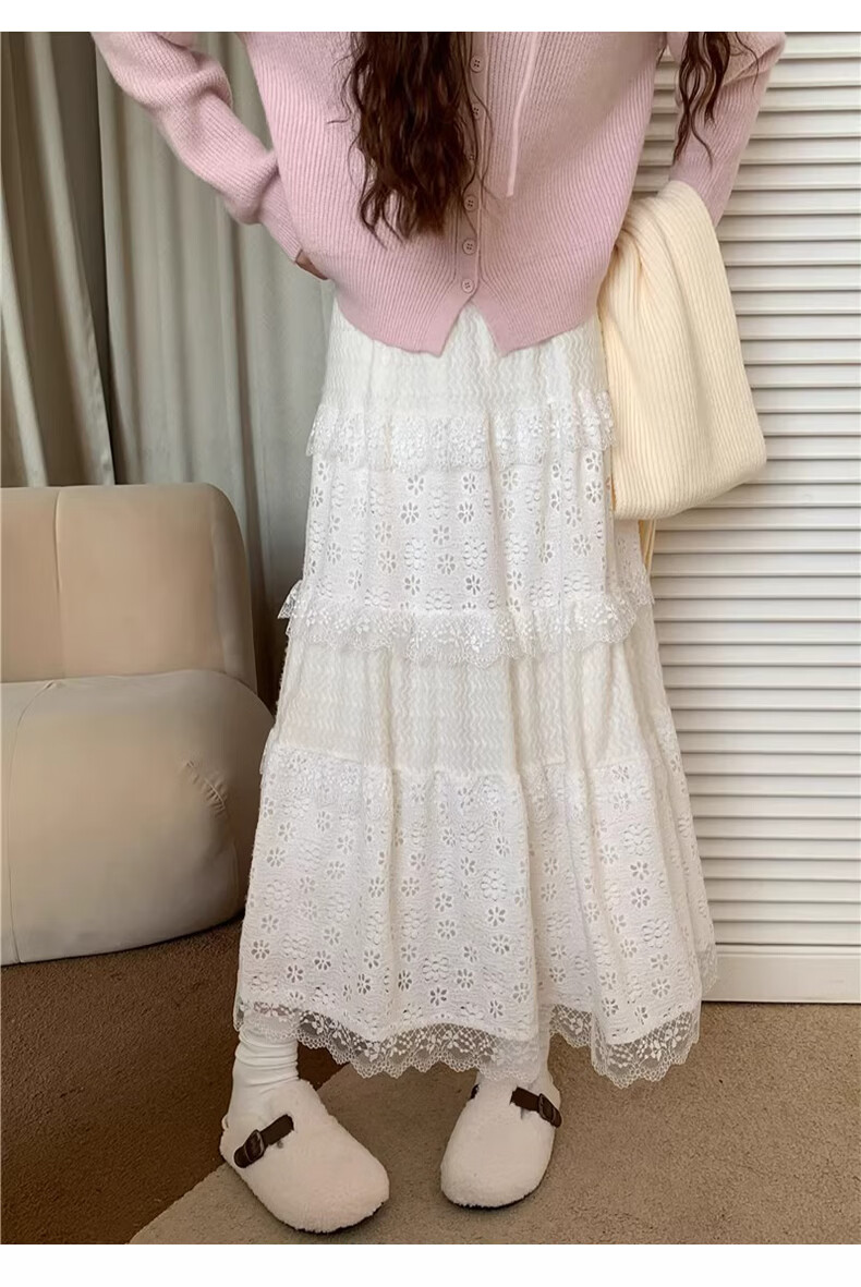 Borui Ballet Style Lace Embroidered Midi Skirt Women Design Spring Summer Cake Skirt Fairy A-Line Puff Skirt 1