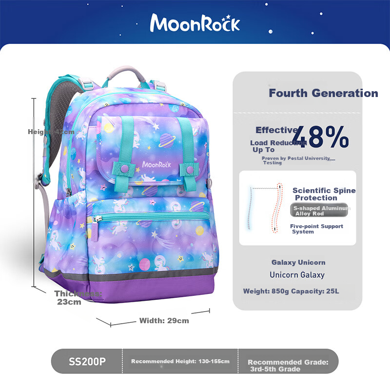MoonRock Elementary School Backpack for Grades 3-5, Lightweight Spine Protection, Large Capacity, Galaxy Unicorn Design