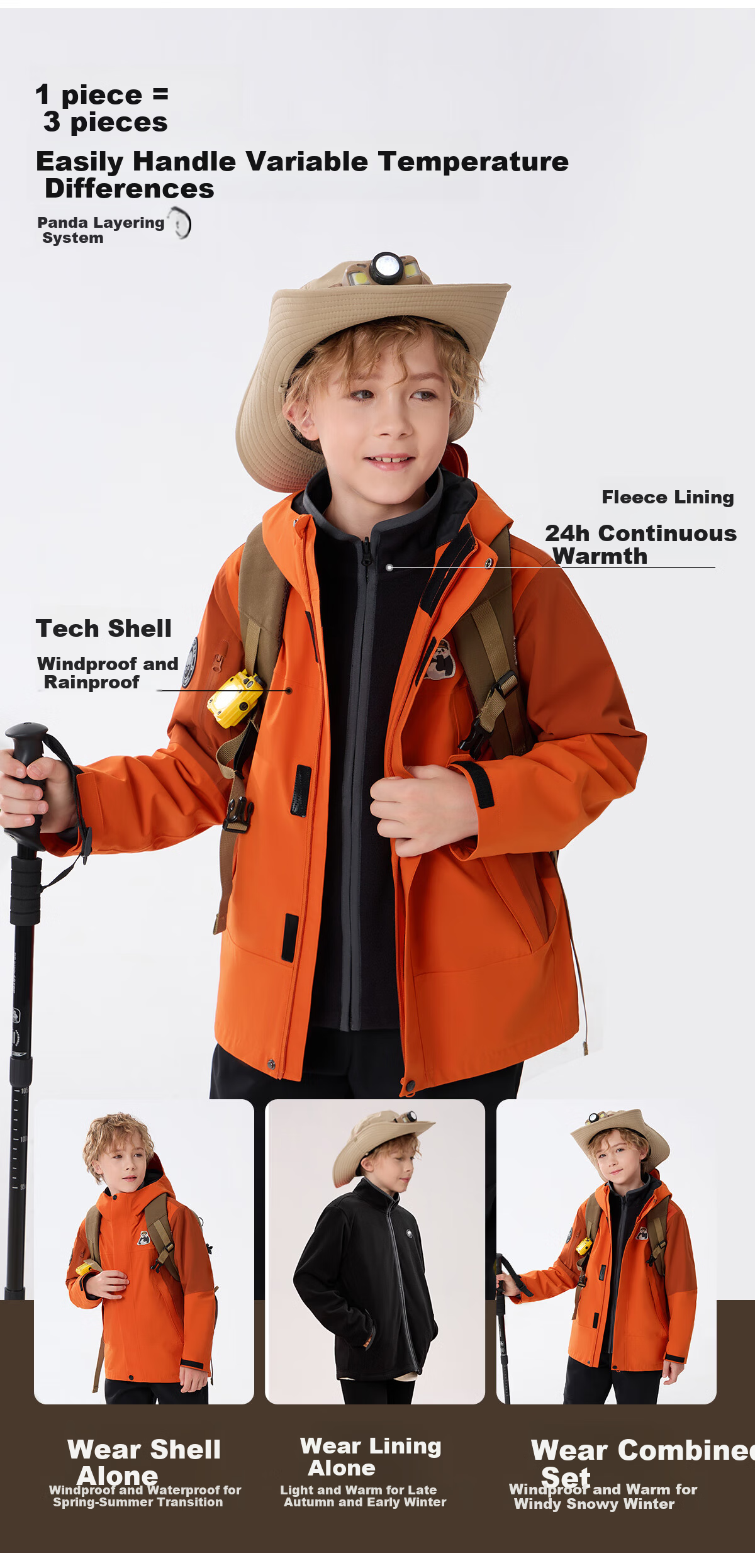 Panda Kids 3-in-1 Waterproof Windproof Fleece Lined Outdoor Jacket Warm School Uniform Autumn Winter, Size 120 7