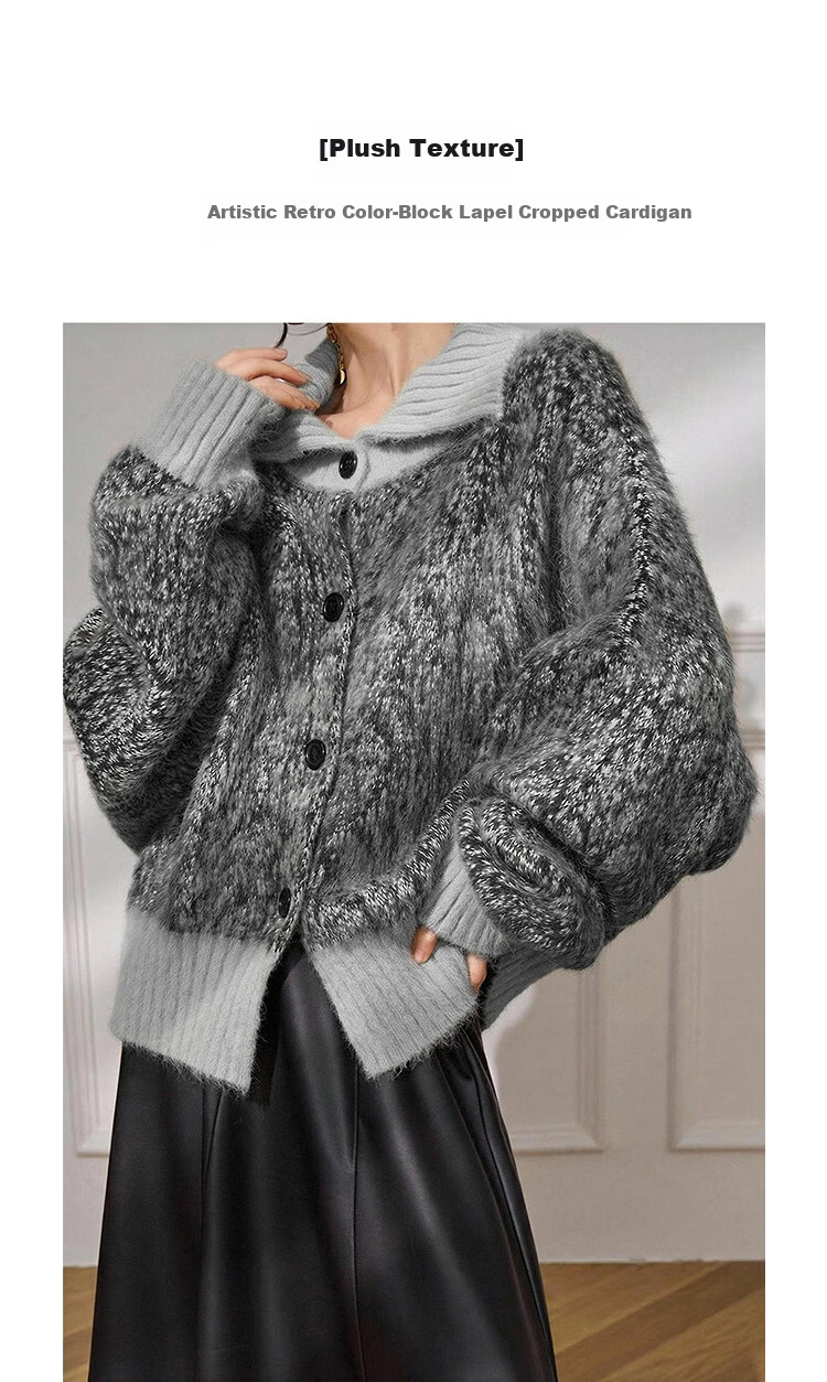 Demana Vintage Style Colorblock Lapel Cardigan with Fluffy Wool Winter Cozy Petite Knit Sweater for Women 1