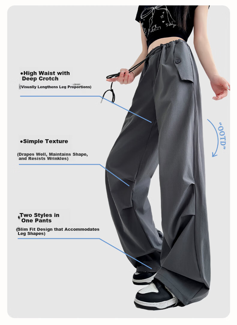 FitonTon Women's Work Pants 2025 Autumn Winter New Drawstring Pleated High Waist Loose Casual Draped Straight-Leg Pants 11