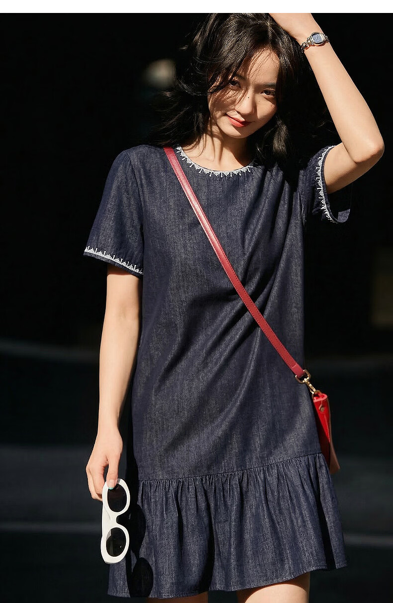 Demana [Oxygen Pure Cotton] Summer Retro College Embroidered Ruffle A-Line Denim Dress Slim Fit Mid-Length for Women 16