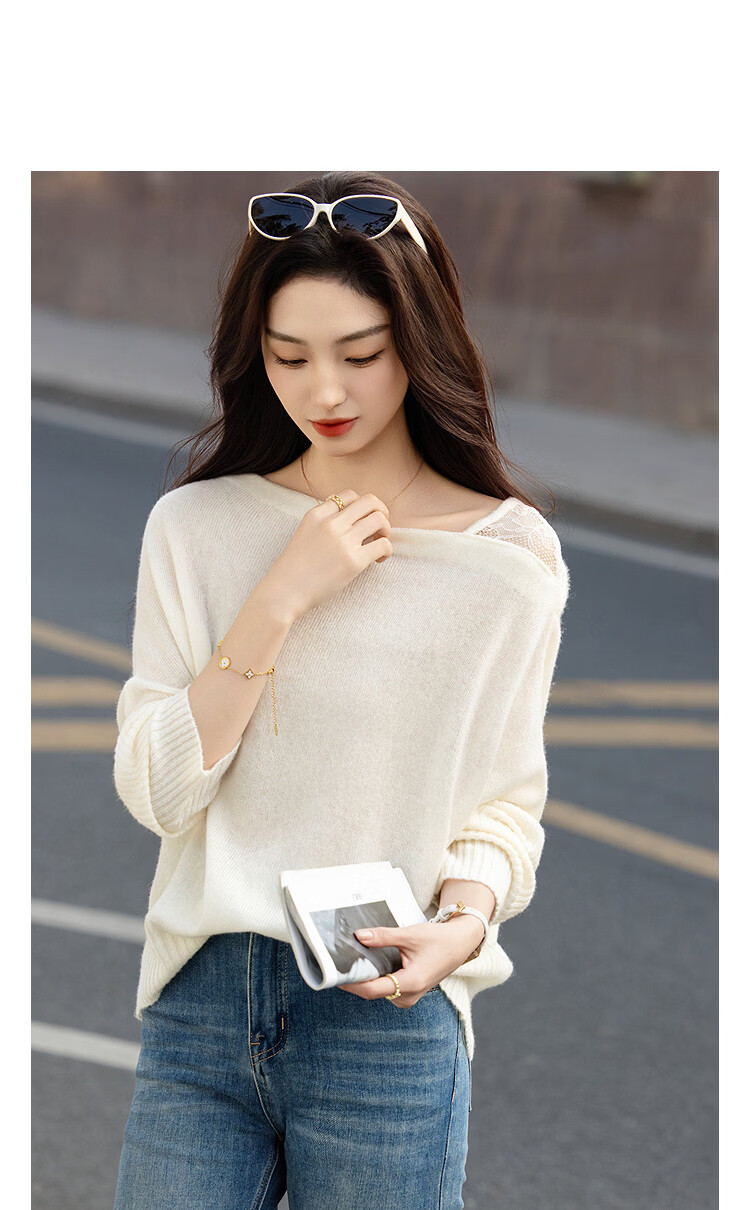 Demana Bare-Feel Lyocell Autumn Goat Cashmere Wool Spliced Lace Off-Shoulder Asymmetric Neck Knit Sweater for Women 11