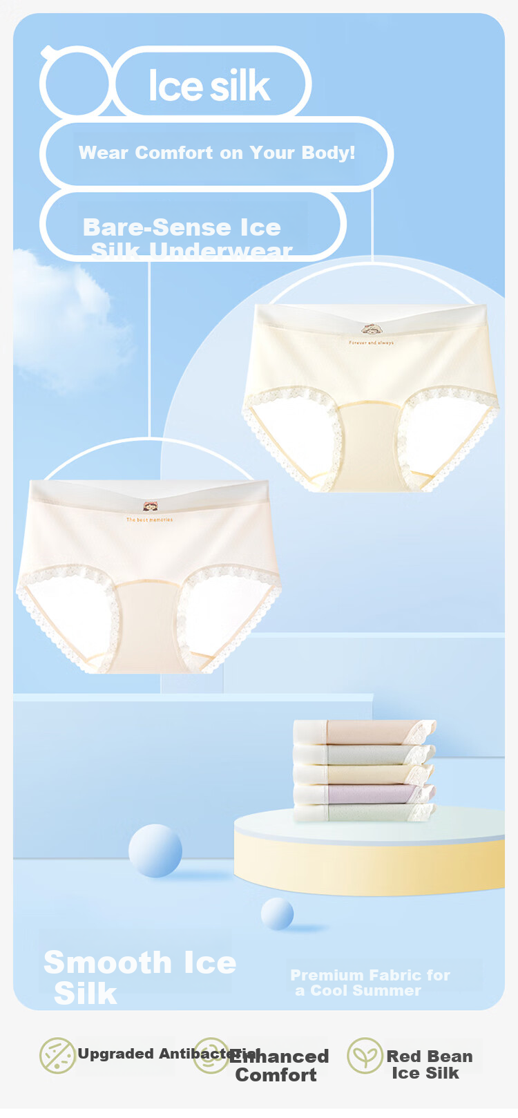 Hodo Girls' Ice Silk Comfortable Breathable Developmental Period Triangle Underwear Summer Thin Antibacterial Seamless 4-Pack 1