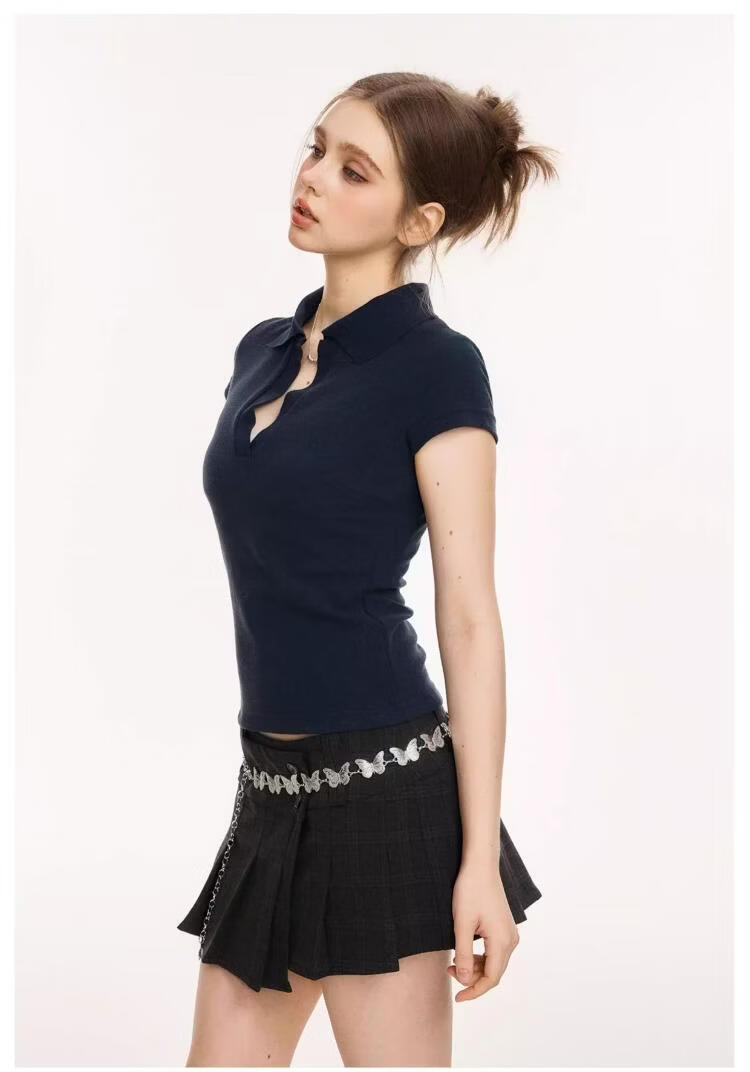 ICH MODE Vintage Polo Collar Short Sleeve T-Shirt Women 2026 Summer New Slim Fit Cropped Top White L 10