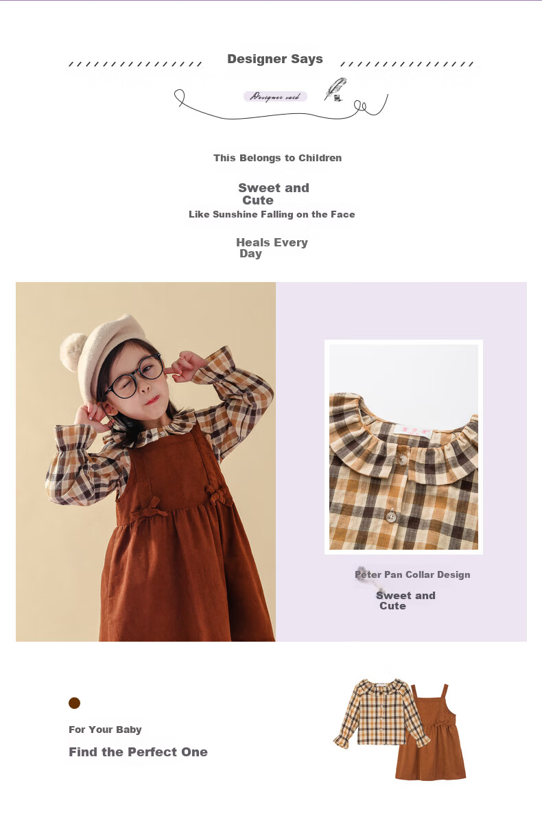 Fulomi Girls Baby Set Spring Autumn Plaid Shirt Vest Dress College Style Two-Piece Coffee Color 110 2