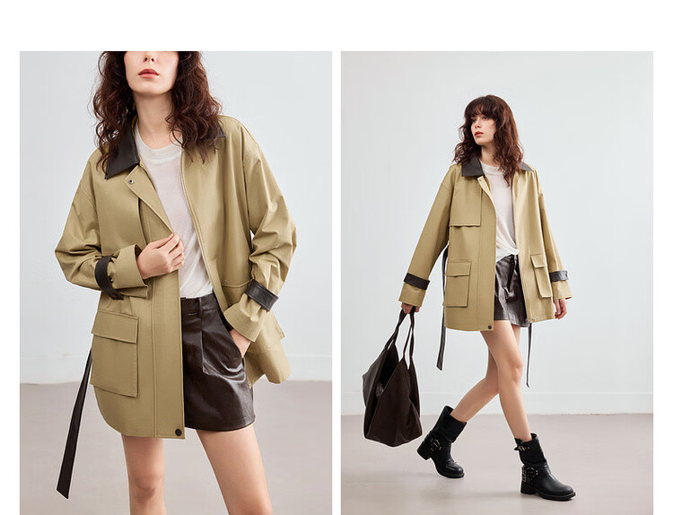 Demana Pure Cotton Barn Style Autumn Color-Block Lapel Splicing PU Patch Pocket Loose Slim Fit Women's Jacket Premium Quality 5