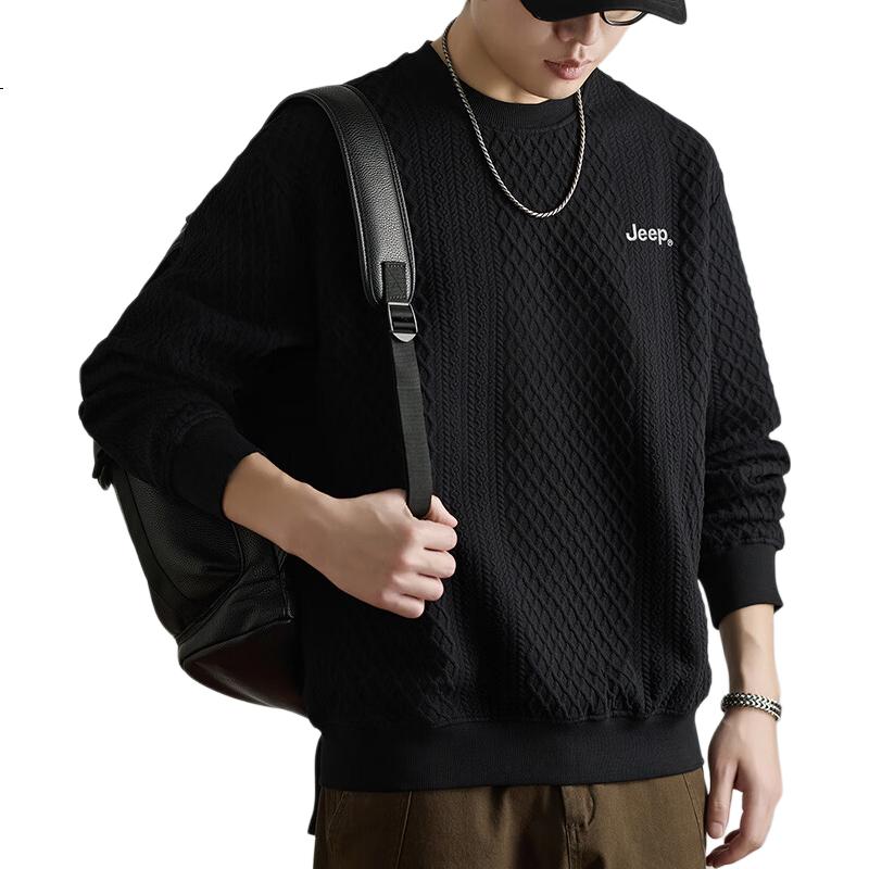 JEEP Men's Sweatshirt, Spring And Autumn Heavy Texture Jacquard Loose Base Layer Top, Men's Clothing, Black, L