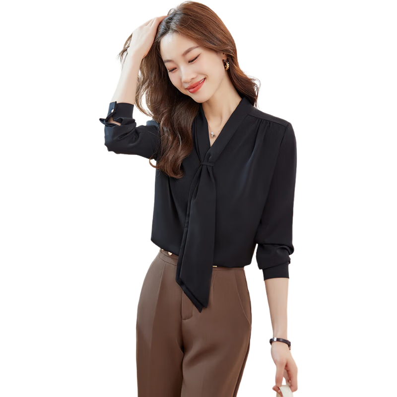 Jeanswest Women's Summer Shirt with Ribbon Collar, Long Sleeves, Elegant Wrinkle Top for Work And Fashion, Black, Size L