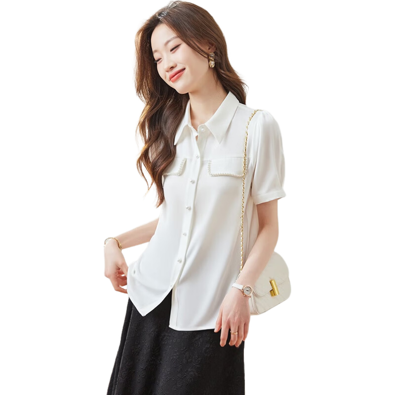 JEANSWEST Women's Summer Beaded Short Sleeve Satin Shirt Professional Design Elegant Commuter Top White XL