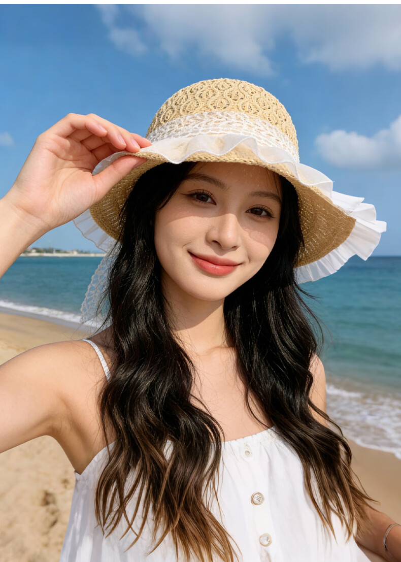 GLO-STORY Women's Lace Bow Straw Hat Summer Breathable Wide Brim Sunshade Sunscreen Beach Hat 7