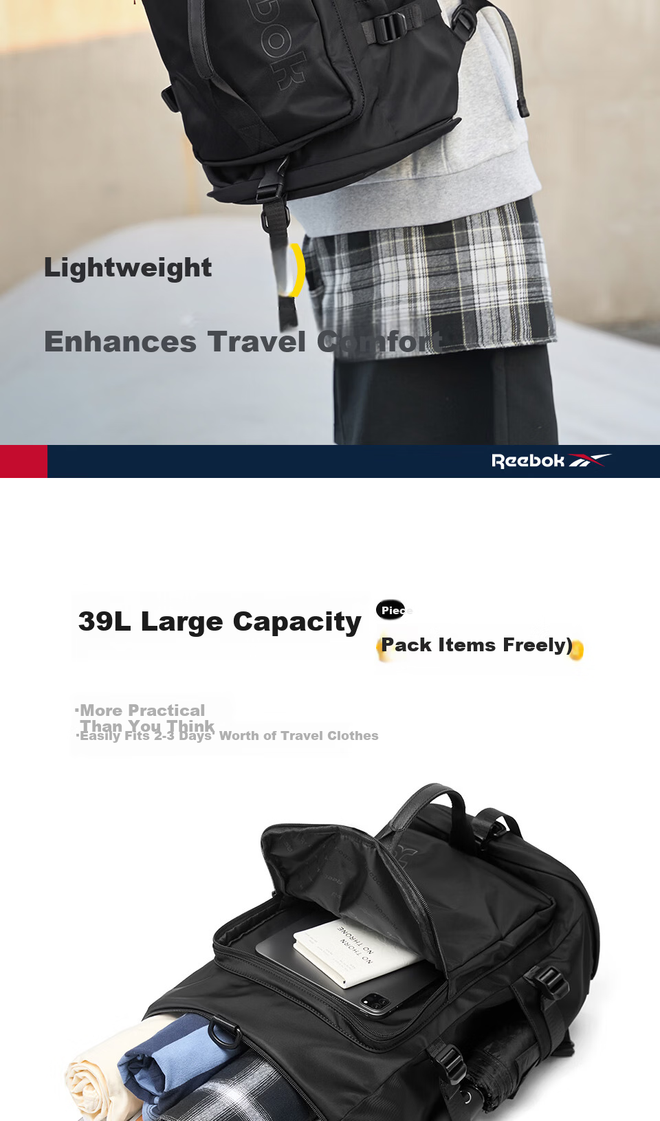 Reebok Men's New Water-Resistant Sports Backpack Large Capacity Travel Handbag Light Gray 4