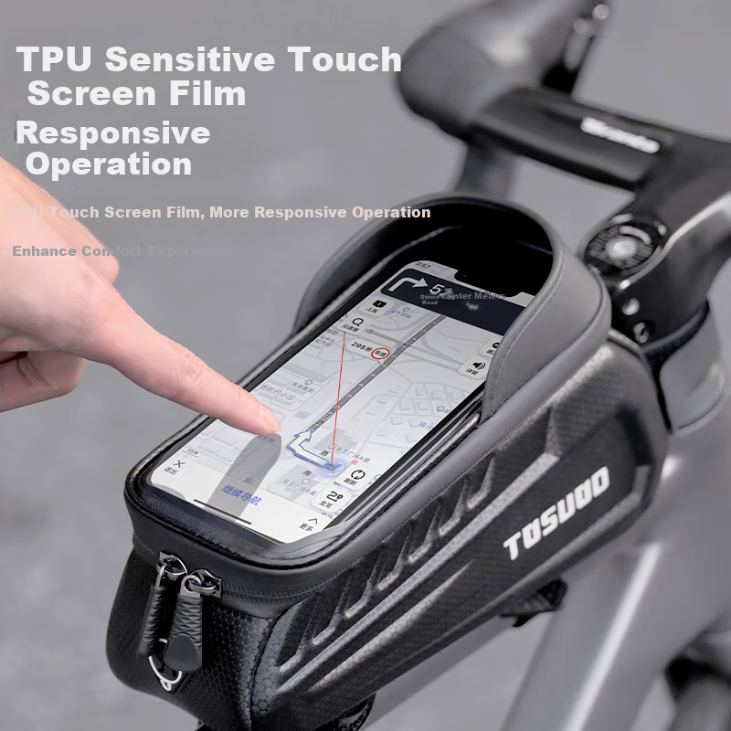 TOSUOD Bicycle Hard Shell Front Tube Bag Mountain Bike Phone Tool Storage Bag Riding Gear Black