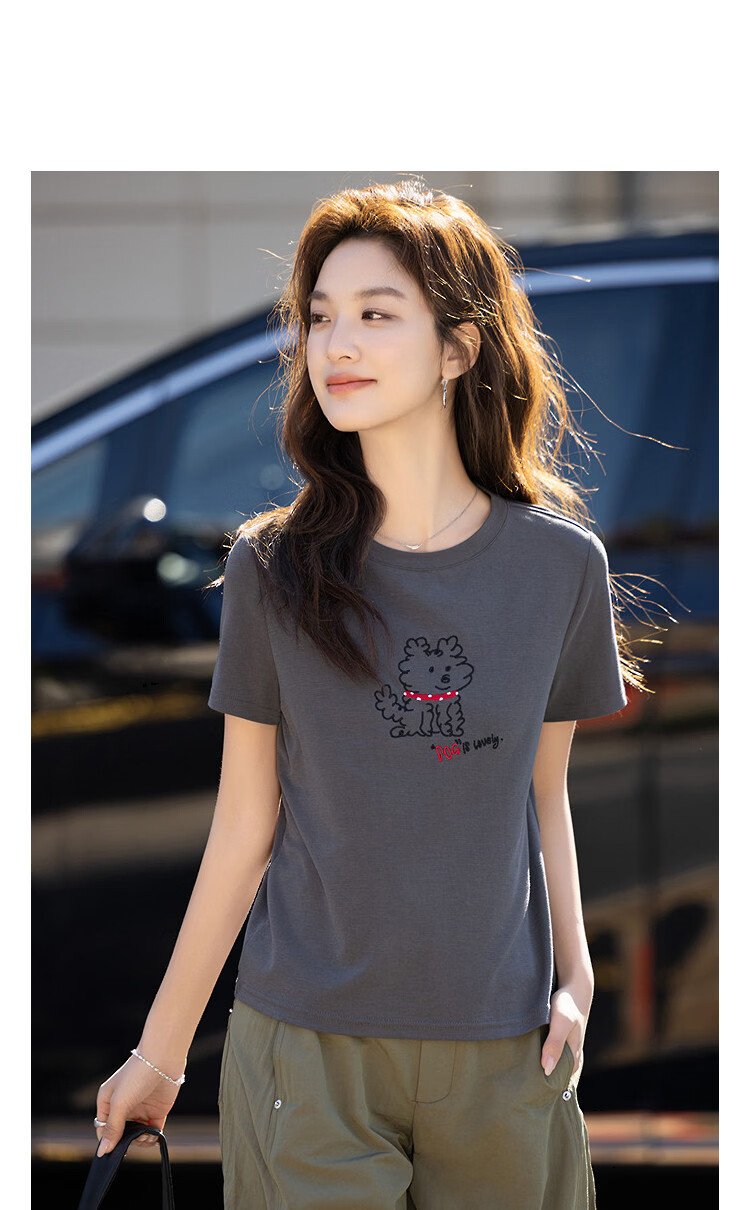 Demana [with Lyocell] Summer Crew Neck Puppy Line Print Short Sleeve High Elastic Slim Fit T-Shirt for Women Premium Feel 14
