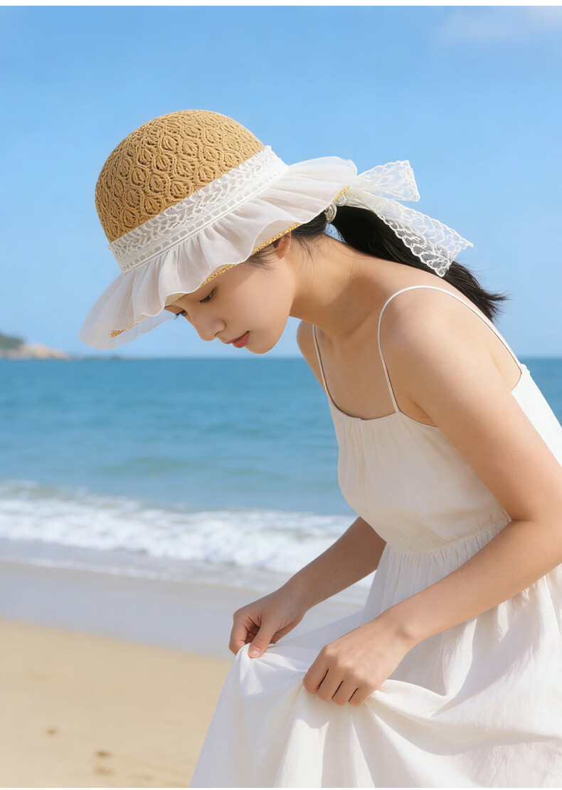 GLO-STORY Women's Lace Bow Straw Hat Summer Breathable Wide Brim Sunshade Sunscreen Beach Hat 11