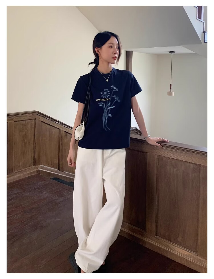 ICH MODE Floral Print Short Sleeve T-Shirt Women Spring Autumn New Korean Style Beautiful Shoulder Tee Navy Blue S 11