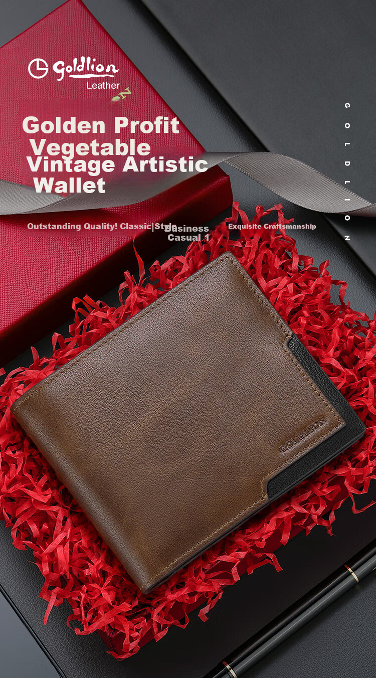 Goldlion Men's Short Leather Wallet Bifold Card Holder Gift Box Birthday Present 1