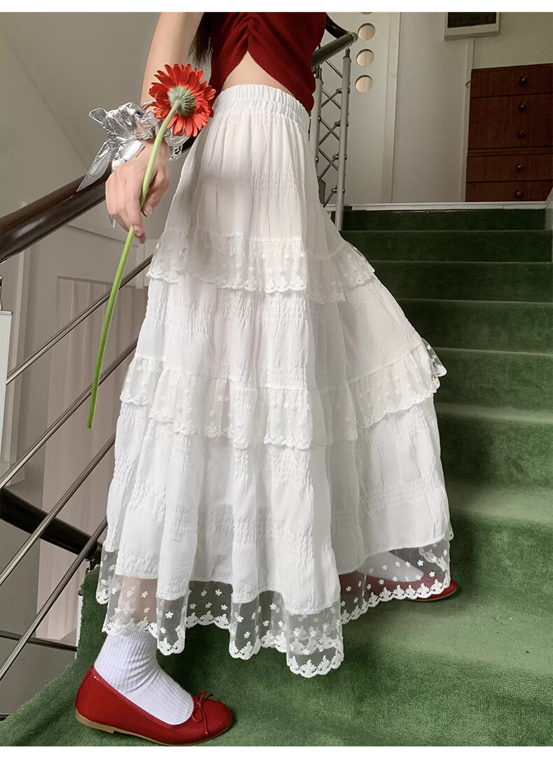 Borui White Design Lace Trim Cake Skirt 2026 New French Style Long Flared A-Line Skirt 22