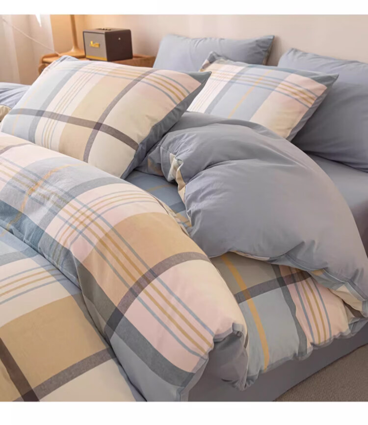 MUJI 100% Cotton Four-Piece Bedding Set Antibacterial AB Version Double-Sided Sheet and Duvet Cover 200x230cm 1.5/1.8m Bed British Blue Plaid 6