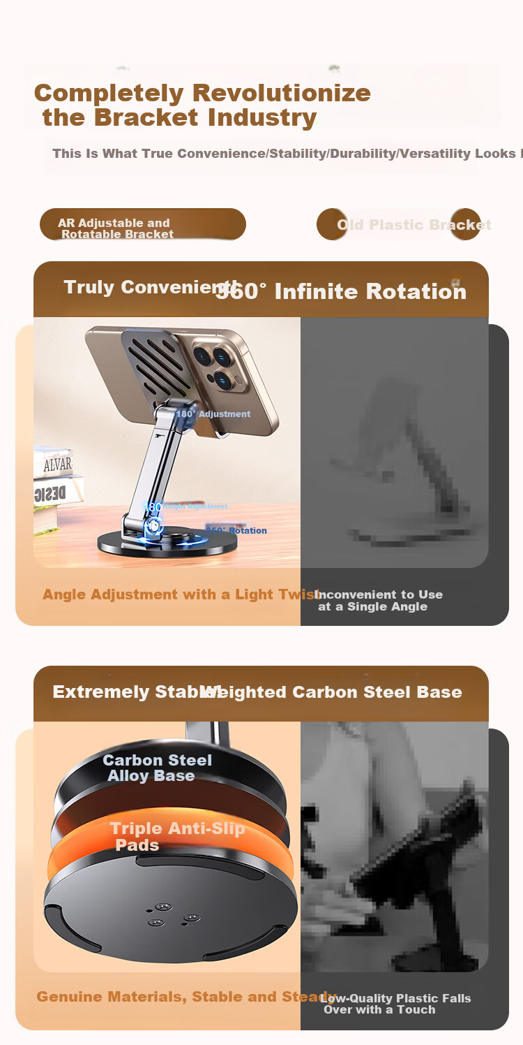 Kewo Adjustable Carbon Steel Mobile Phone Stand Desktop iPad Tablet Holder Bedside Lazy Stand Metal Live Streaming Multi-Functional Foldable Portable 360° Rotatable 5