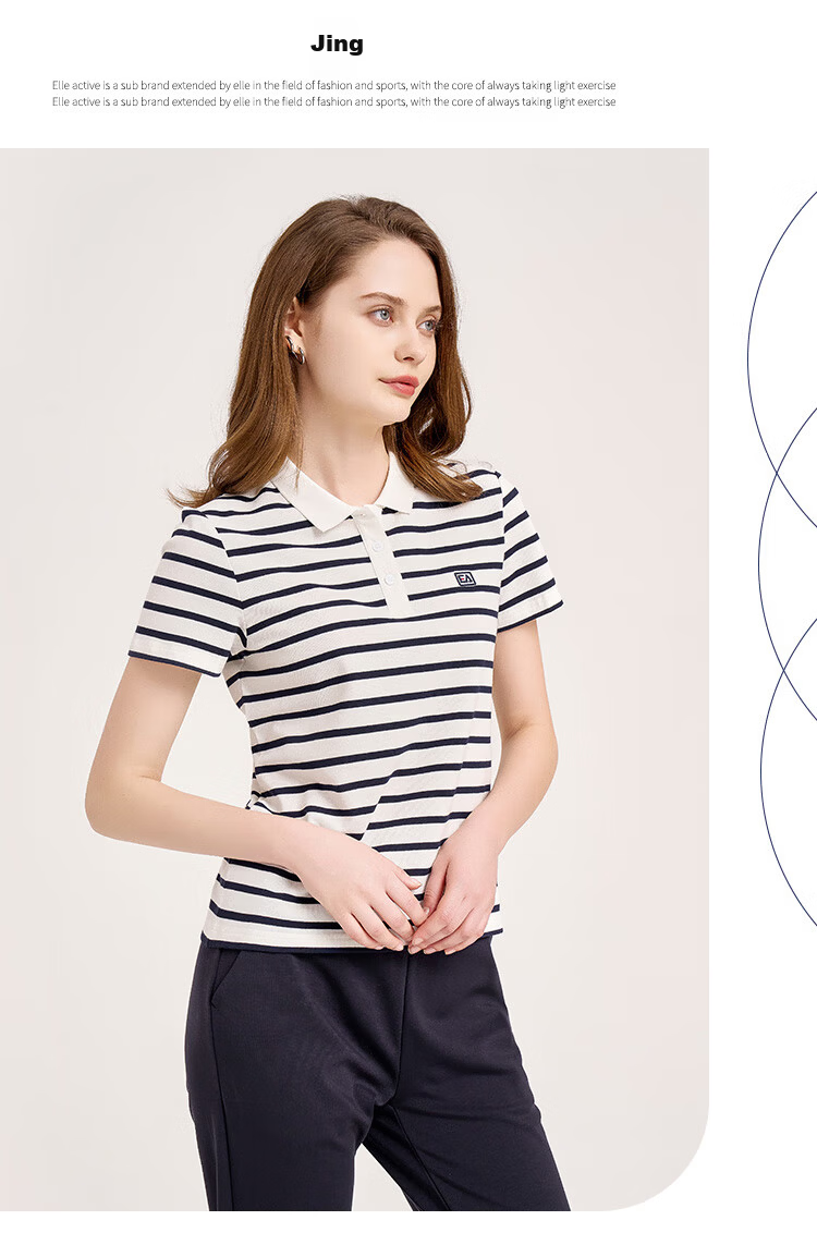 ELLE ACTIVE Vintage Striped Polo Shirt Women's Sports Casual Simple Versatile Comfortable Short Sleeve T-Shirt White/Navy XL 8