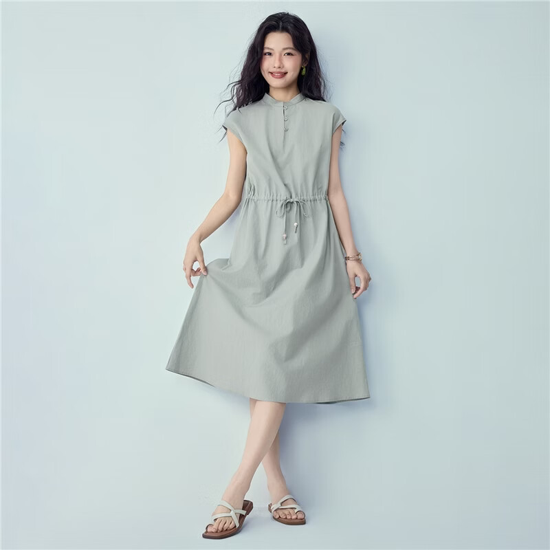 Giordano Linen New Chinese Style Dress Women's Cotton Linen Tie Waist Stand Collar Small Flutter Sleeve Dress 05466327