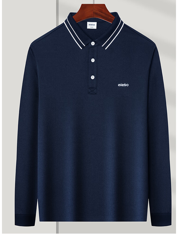 Edenbo Men's Long Sleeve Polo Shirt Cotton Mulberry Silk Black 185/100A (3XL) 14