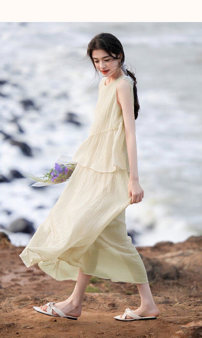 Demana [with Natural Wind Linen] Summer Design Patchwork False Two-Piece Sleeveless Off-Shoulder Waterdrop Button Cake Dress 15