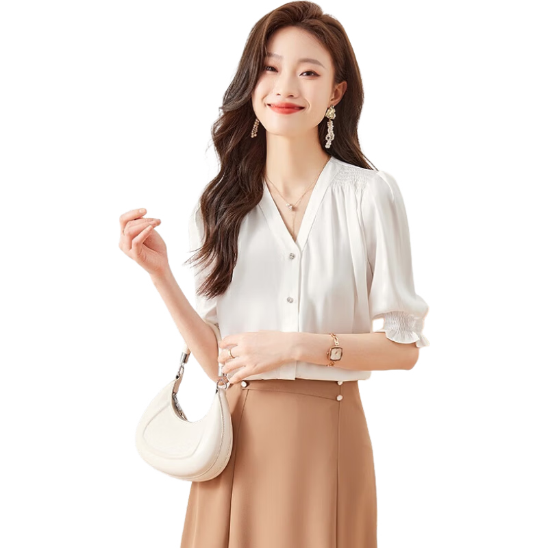 Jeanswest Women's Short-Sleeve Shirt, 2026 Summer Thin Style, Slimming French Inner Layer, Casual Chiffon Blouse, White, Size L