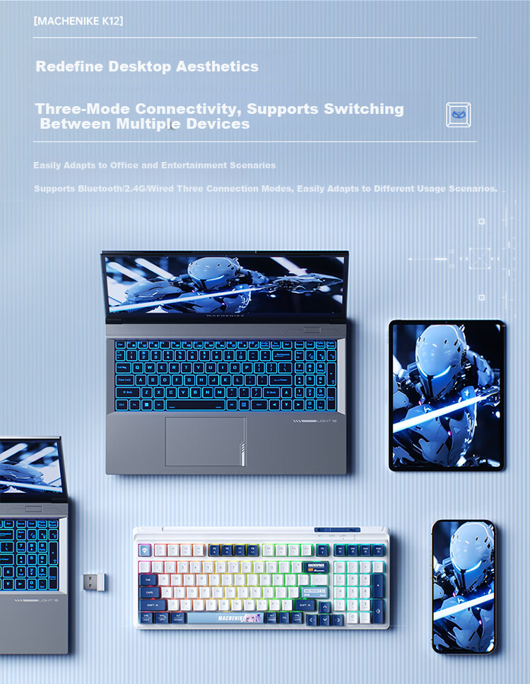 MACHENIKE K12 99-Key Triple-Mode Membrane Keyboard RGB Backlit Dustproof Water-Resistant Gaming Office Keyboard Large Capacity Battery Blue White 2
