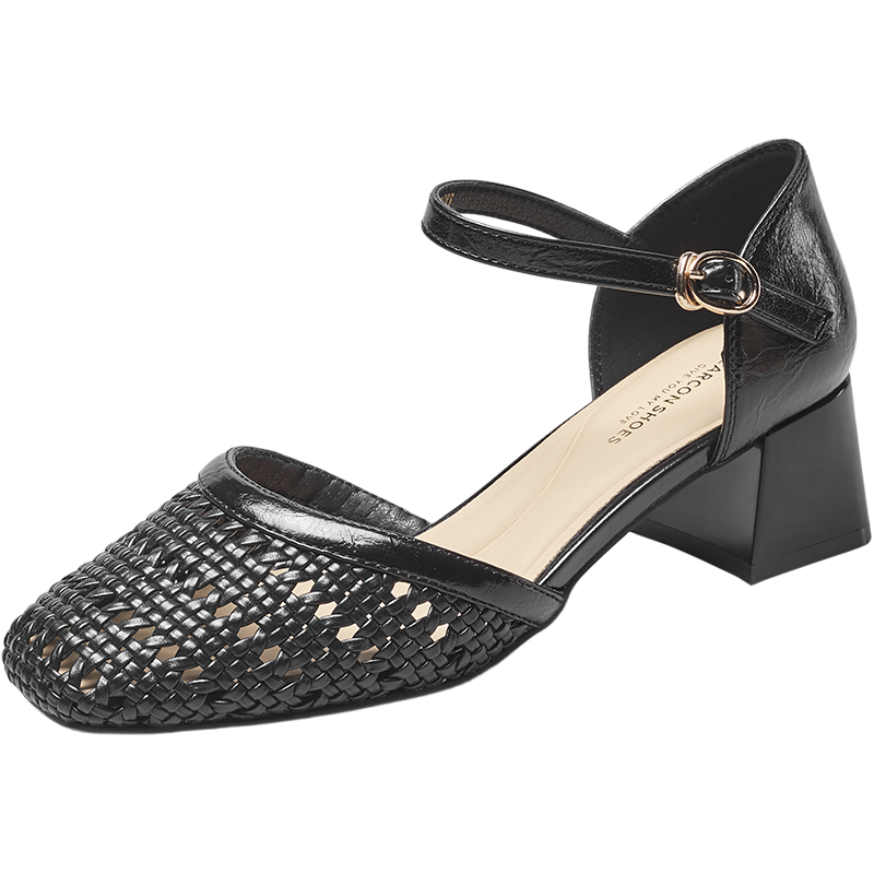 Eierkang Women's French Style Hollow Woven Mary Jane Shoes with Chunky Heel and Closed Toe Sandals Black 39 29865W
