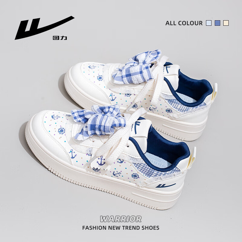 Warrior Women's Creative Thick Sole Shoes Spring Autumn Retro Printed Original Casual Sports Sneakers Beige Navy Blue 37