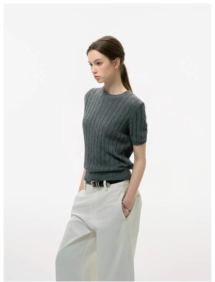 ICH MODE Intelligent Old Money Round Neck Cable Knit Short Sleeve Women's Summer Thin Mesh T-Shirt Pure Cotton Base Top Spring Off-White S 29