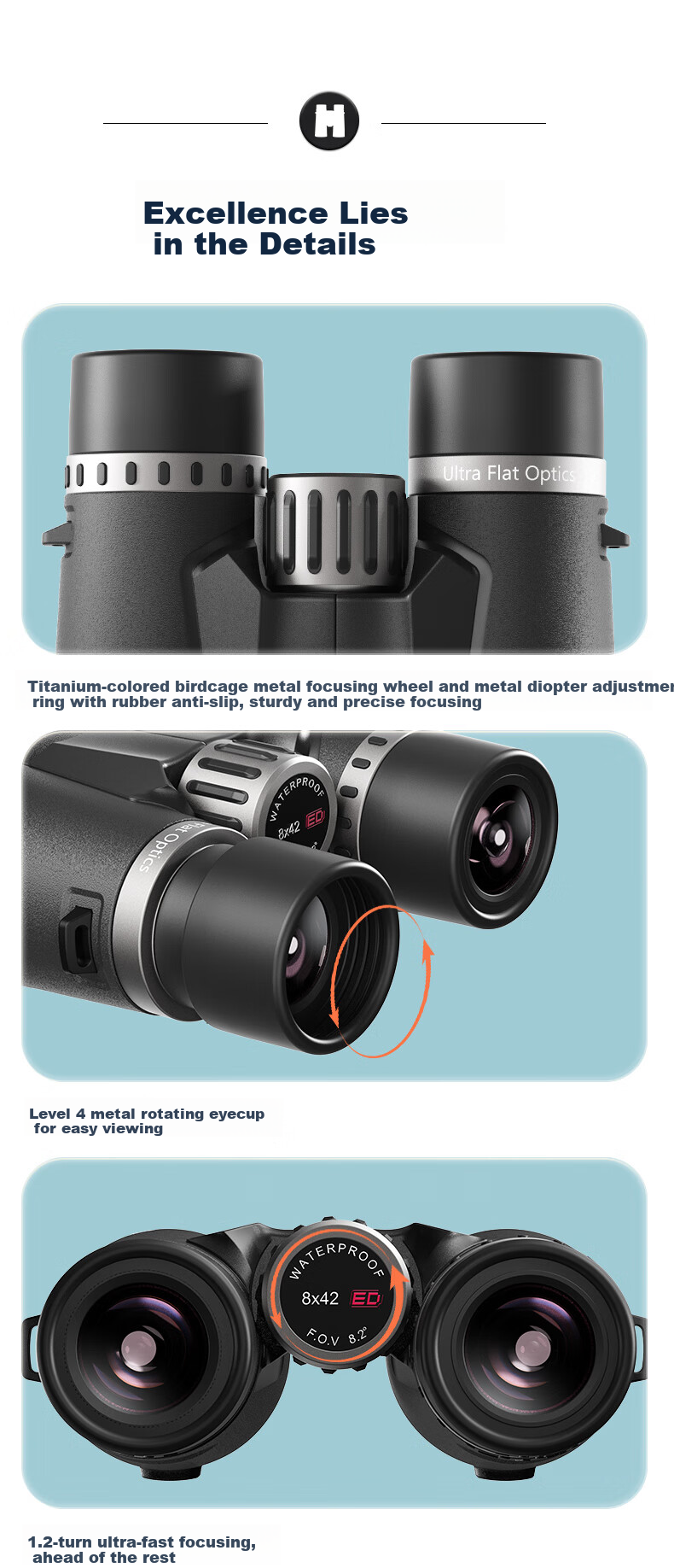 BOSMA Optimist 3rd Generation 8X42ED Binoculars, High-Power HD, Flat-Field, Close-Focus, Nitrogen-Filled Waterproof, Large Eyepiece, Wide Field of View 24