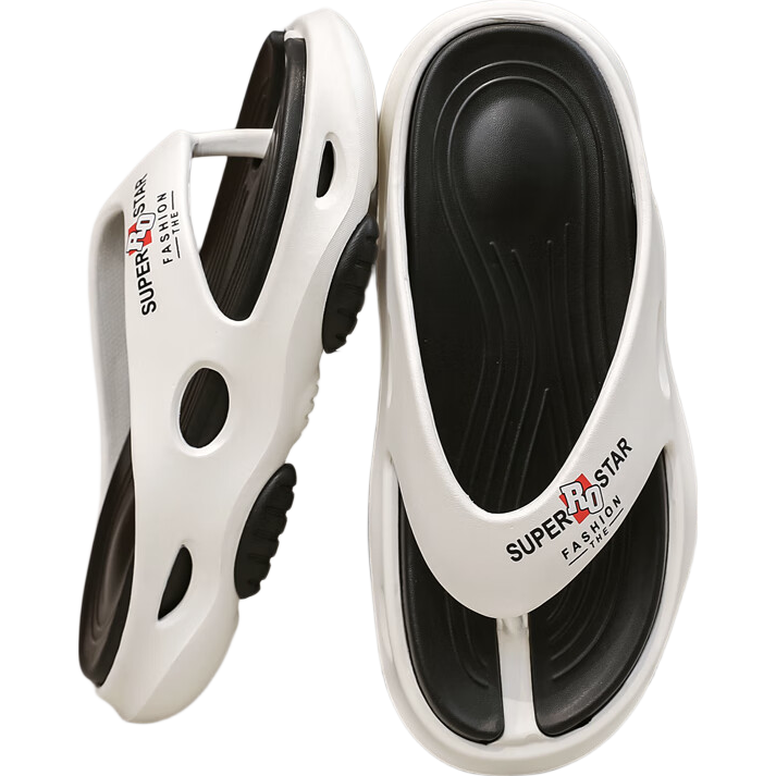 Huameijianbu Men's Flip-Flops, Thick-Soled, Indoor And Outdoor Casual Wear, Lightweight Beach Thong Sandals, HM2441 White And Black, Size 44-45