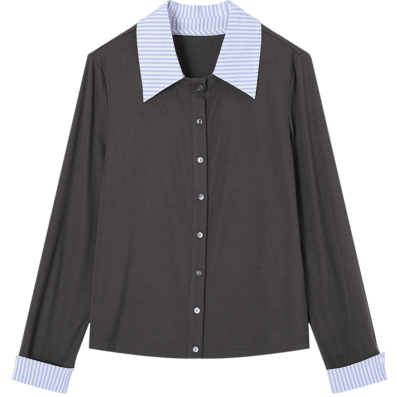 Demana [with Lyocell] Spring Elegant Color-Block Striped Patchwork Design Lapel Petite Women's T-Shirt