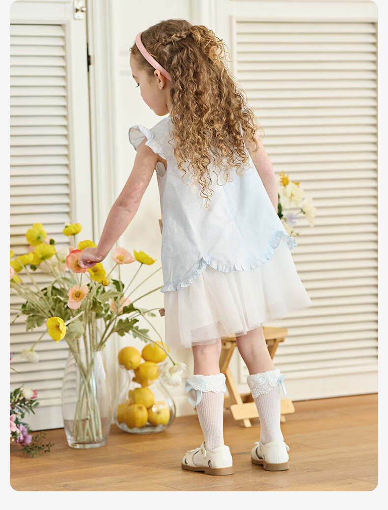 DAVE & BELLA Girls' Summer Dress Lenzing Lyocell Cooling Yarn Blue Princess Dress Toddler Dress 14
