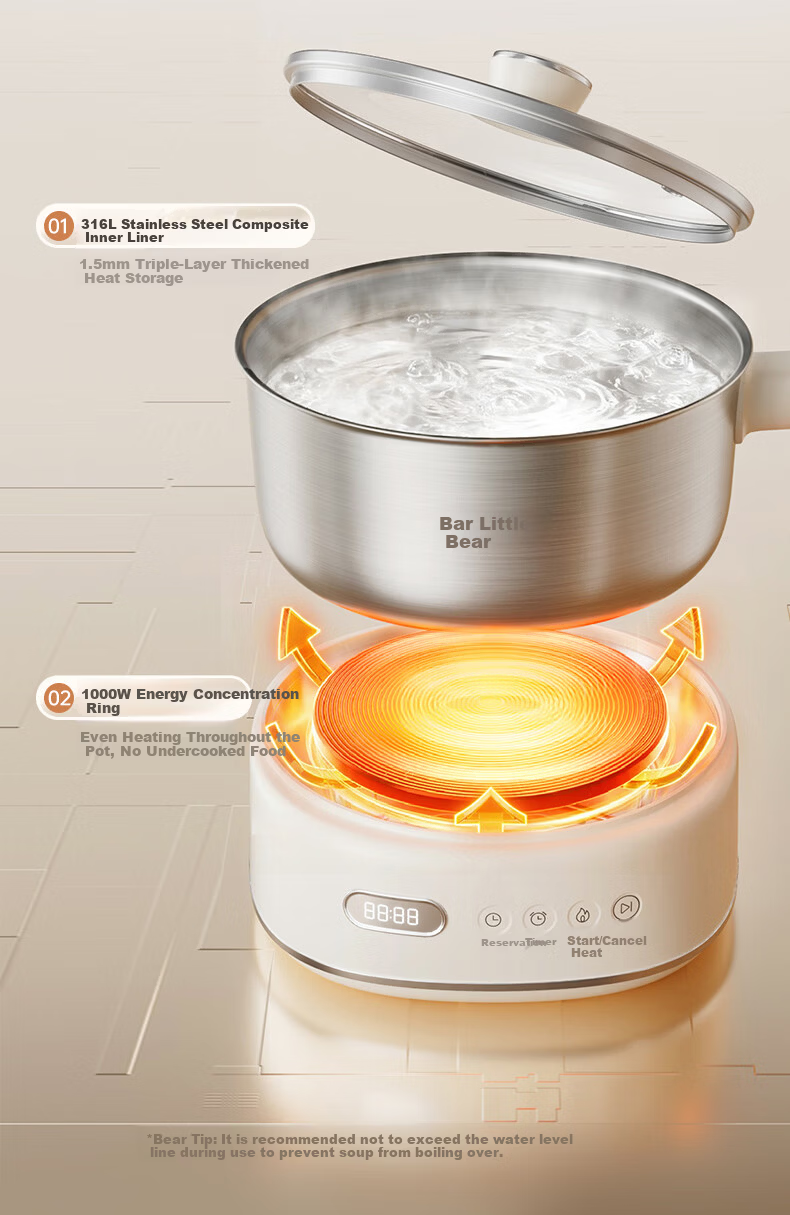 Bear Electric Cooking Pot Small Electric Hot Pot Electric Stew Pot Steamer 2-3 Person Household 316L Stainless Steel with Steamer Basket 2.5L F25P1 15