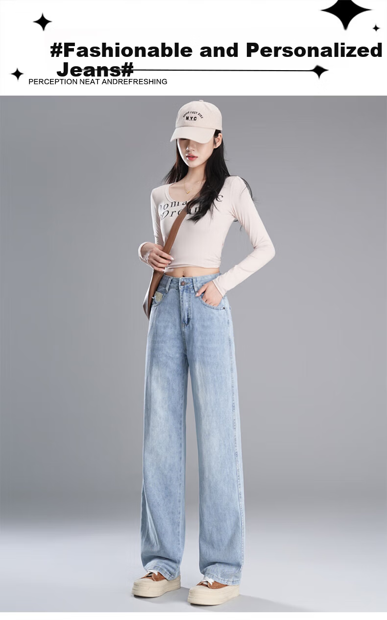 Pierre Cardin Women's Summer High-Waist Draped Floor-Length Casual Fashion Versatile Straight-Leg Loose Wide-Leg Jeans Dark Blue 2XL 18