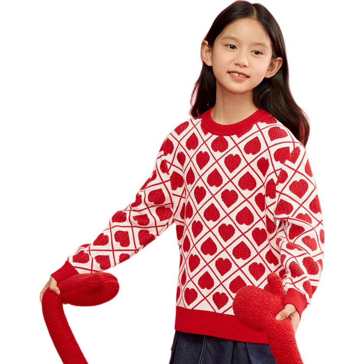 BALABALA Girls' Sweater, Children's Knitwear, Spring Clothing for Kids, Heart Pattern, for Older Children, Trendy Knitted Top, 208125103002