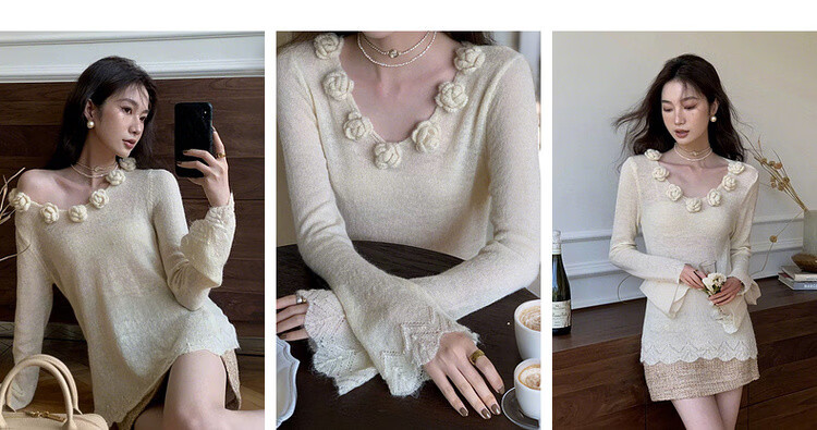 MT Spring Sweet 3D Crochet V-Neck Knit Sweater with Fluffy Wool, Slim Fit Women's Top 6