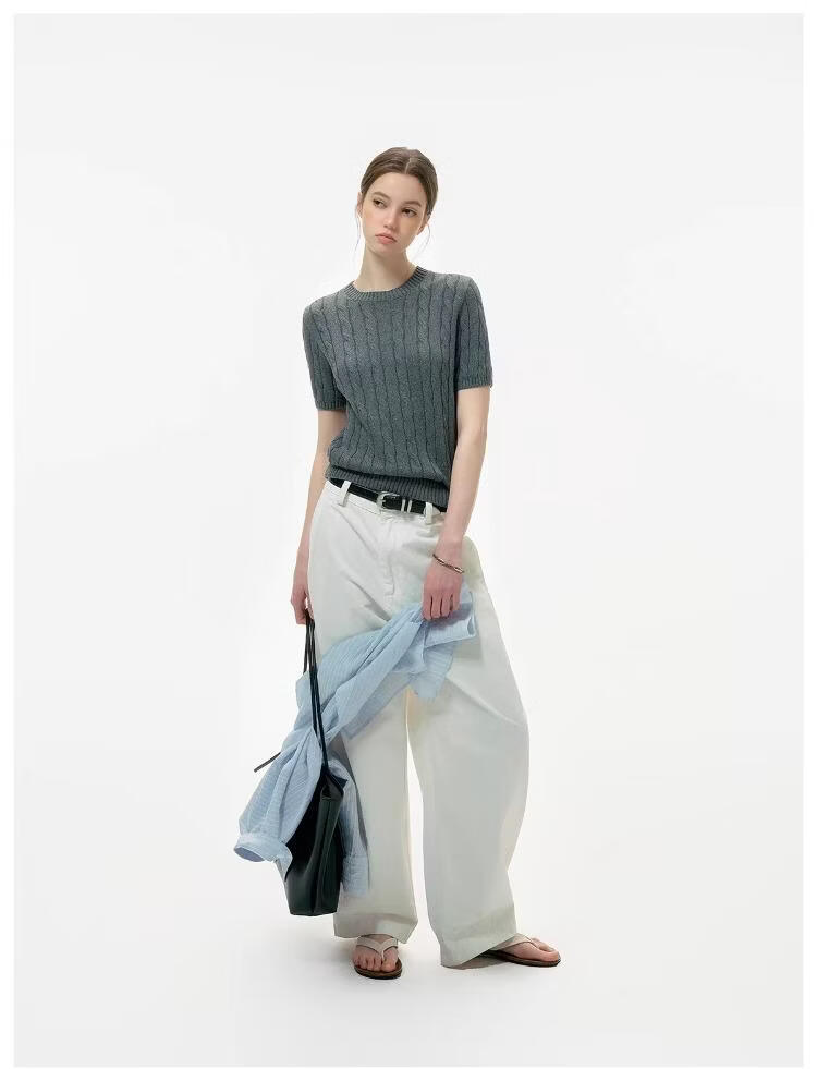 ICH MODE Intelligent Old Money Round Neck Cable Knit Short Sleeve Women's Summer Thin Mesh T-Shirt Pure Cotton Base Top Spring Off-White S 8