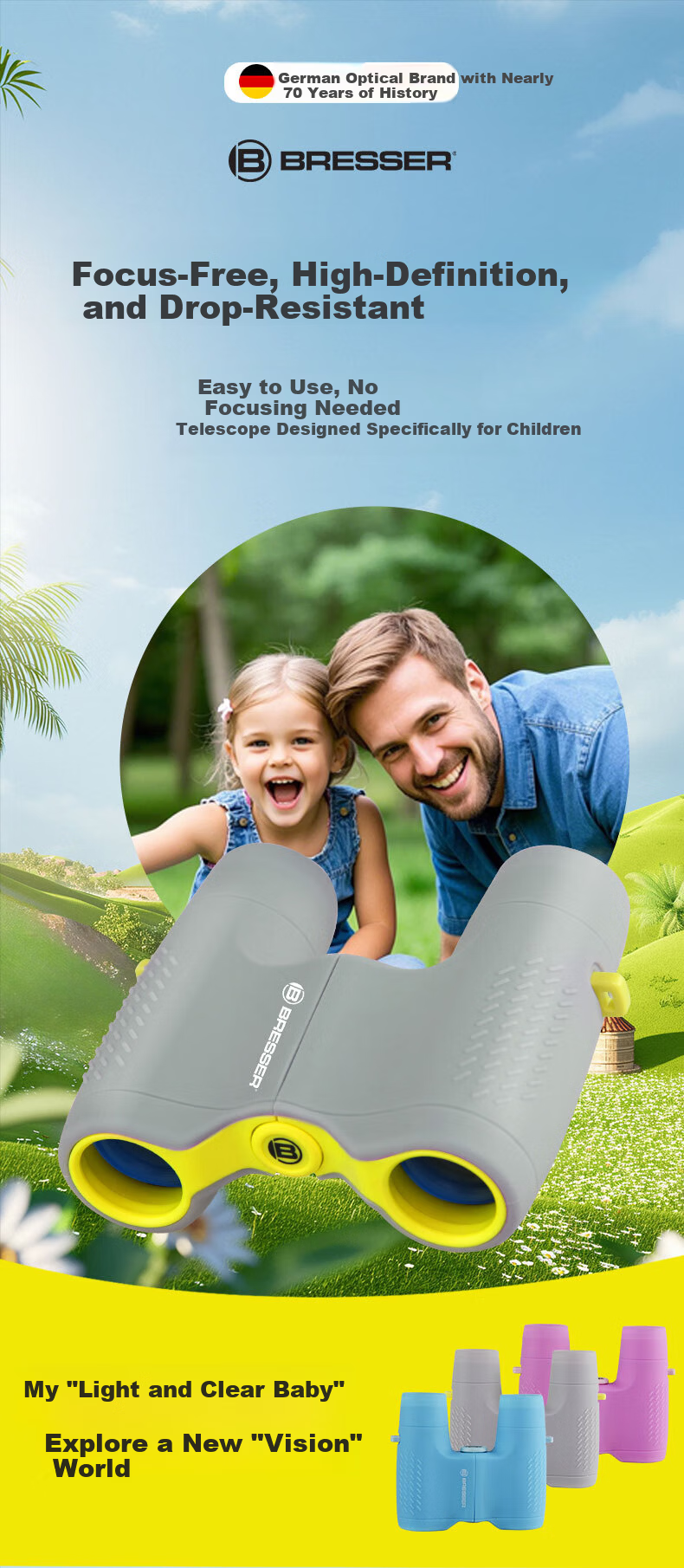 Bresser Germany Bresser 6x21 Fixed Focus Gray Binoculars for Children Ages 3-10 Compact Spring Festival Birthday Gift 1
