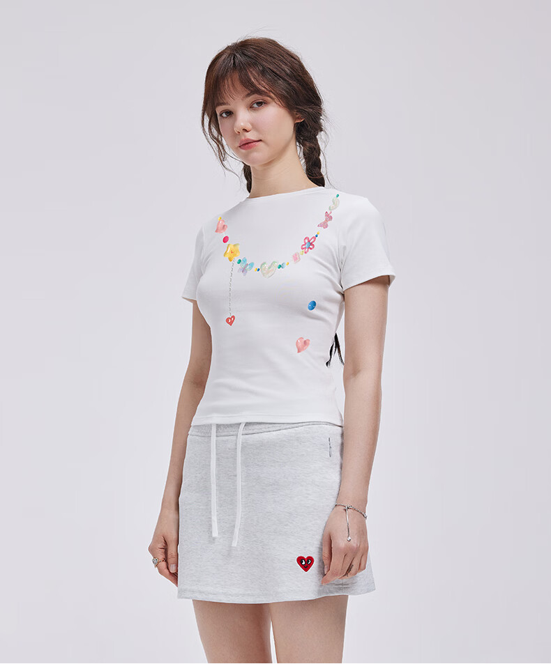 Charles Heart Trendy Love Heart Necklace Print Slim Fit Short Sleeve T-Shirt for Girls Summer Sweet and Spicy Style Black XF 6