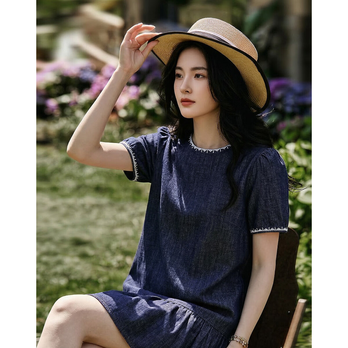 Demana [Oxygen Pure Cotton] Summer Retro College Embroidered Ruffle A-Line Denim Dress Slim Fit Mid-Length for Women