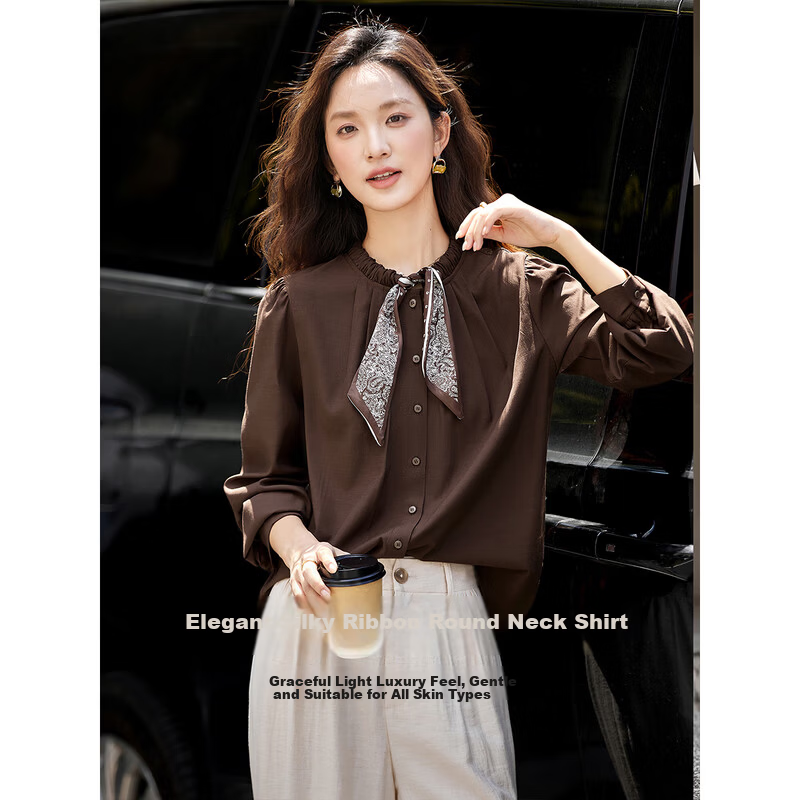 Vimly Vintage Scarf Tie Round Neck Linen Blend Shirt Women Spring New Dark Roast Brown M