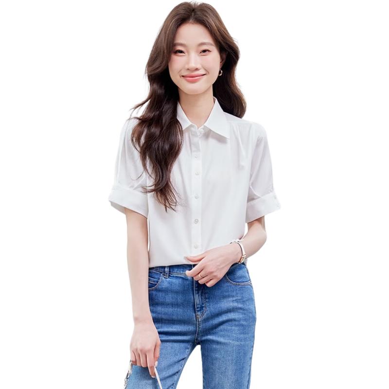 Jeanswest Women's Summer Professional Short-Sleeve Dress Shirt, Elegant High-End Design Commuter Top, White, 2XL