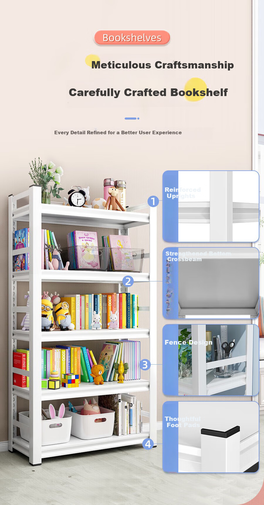 TANGJI White 4-Tier Iron Bookshelf Floor-Standing Storage Rack for Students and Children 50x30x118cm 3