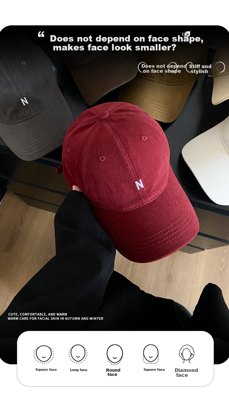 HAOGUAN Women's Baseball Cap, Korean Style, Face-Slimming, Large Head Circumference, Men's Sunshade, Red Duckbill Hat, Spring and Autumn 3